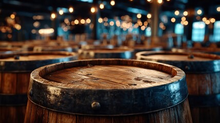 Fototapeta premium Wooden barrels in warm lighting, emphasizing texture and aging, ideal for themes of beverage production and storage.