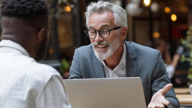 A man in a suit is talking to another man at a table. The man in the suit is wearing glasses and has a serious expression on his face. The other man is sitting across from him, listening intently