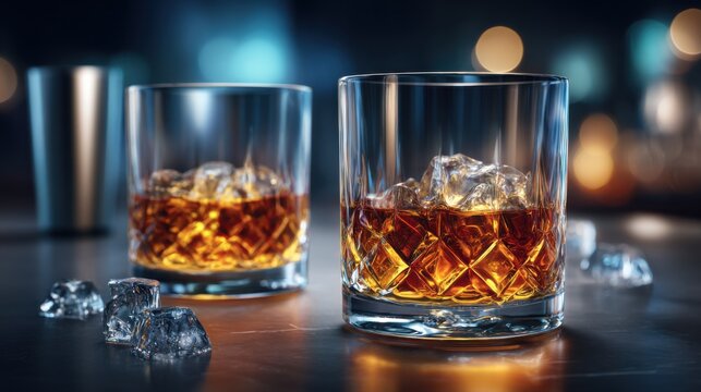 Two whiskey glasses with ice on a reflective surface, stainless steel shaker in background, luxurious ambiance, suitable for bar, lifestyle, and beverage concepts.