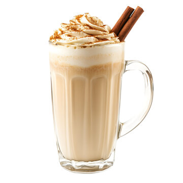 iced chai latte in a tall glass mug, with spice dusted foam and cinnamon stick on top, isolated on white