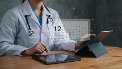 Doctor using tablet with calendar overlay showing december appointments for medical scheduling online