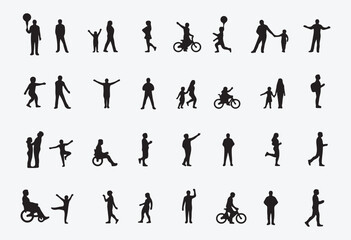  Collection of human silhouettes in various dynamic poses such as walking, cycling, cheering, pointing, and interacting—ideal for lifestyle, community, or activity-based designs.