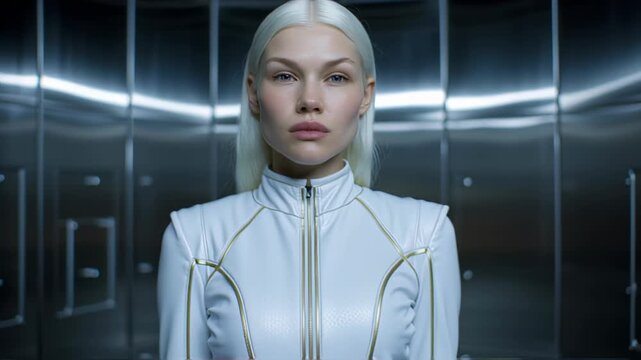 Intense albino woman in futuristic white suit stares forward.