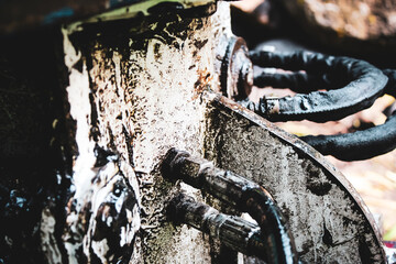 close-up of a section of industrial or heavy equipment with hydraulics with grease, grime, and wear. abstract industrial art texture banner.