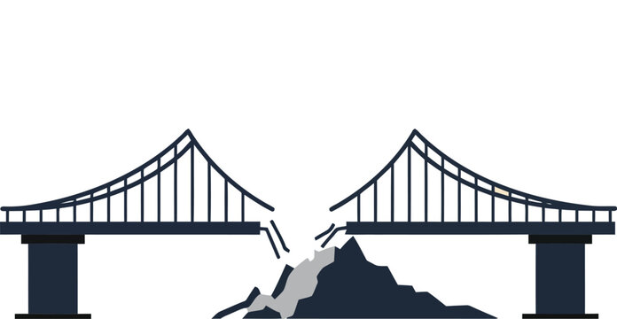 Broken suspension bridge vector illustration showing damaged structure with gap and fallen debris in engineering concept