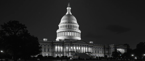 Fototapeta premium Illuminated capitol building at night washington d.C. Architectural photography urban environment wide angle government symbolism