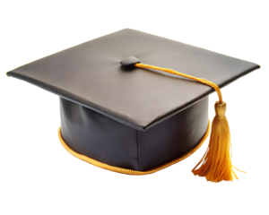 Black graduation cap with gold tassel, isolated on transparent background