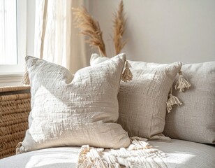 Beige Woven Cushions with Tassels on a Sofa with Pampas Grass in Background