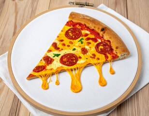 Embroidery Art of a Pepperoni Pizza Slice Displayed on White Cloth Backdrop