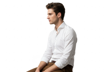 Young man in white shirt sitting profile isolated on transparent background
