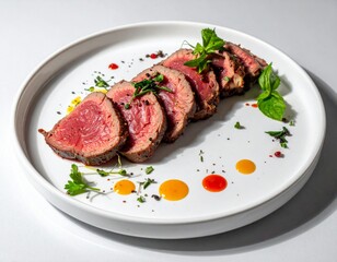 Sliced Medium Rare Beef Steak Garnished with Herbs and Sauce on White Plate