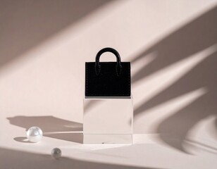 Black Glittering Handbag on White Cube with Shadow in Cream Background
