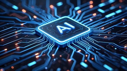 AI concept Artificial Intelligence technology circuit motherboard chip computer design machine deep learning data network analysis futuristic. 3d rendering..