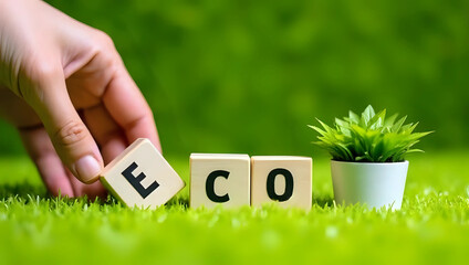 Hand placing a wooden block with the letter "e" of "eco" with small potted plant on vibrant green grass - environmental awareness and sustainability concept