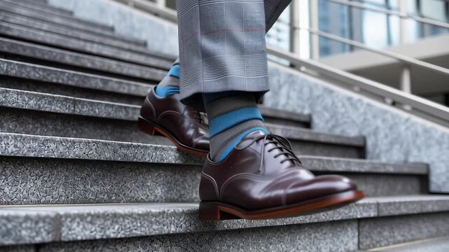 A man wearing a brown shoe and blue socks is walking up a set of stairs. Concept of elegance and sophistication, as the man is dressed in a suit and tie. The combination of the formal attire