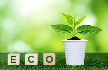 Closeup of wooden block with the letter "eco" with small potted plant on vibrant green grass - environmental awareness and sustainability concept