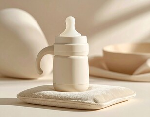 Minimalist White Baby Bottle with Handle on Pillow Surrounded by Neutral Tones