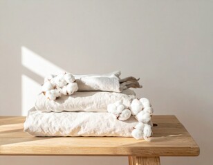 Stack of Soft White Cotton Towels and Bolls on Wooden Table in Natural Light