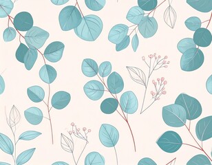 Eucalyptus Leaves and Berries Pattern on Pale Cream Background Watercolor Style