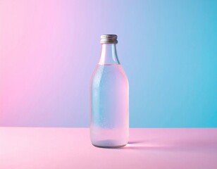 Glass Water Bottle on Pink Table Against Soft Blue and Pink Gradient Backdrop