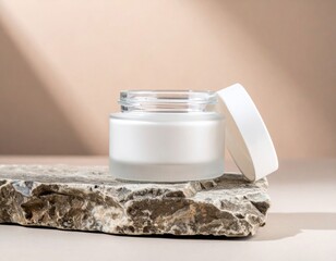 White Cream Jar on Stone Surface with Open Lid in Sunlight