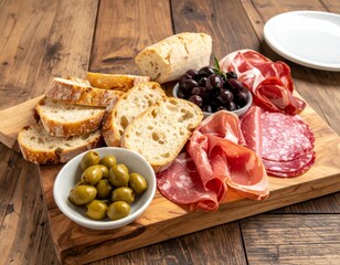 Wooden Board Featuring Assortment of Italian Antipasto with Olives and Bread