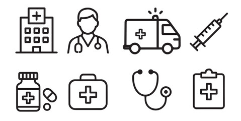 medical healthcare line icons set with hospital doctor ambulance syringe stethoscope pills and clipboard for clinic and emergency use