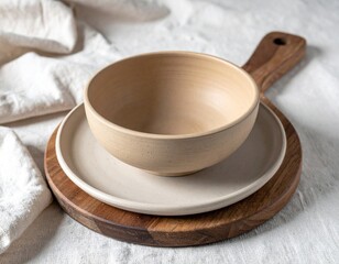 Rustic Ceramic Bowl and Plate on Wooden Board with White Cloth Background