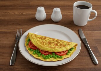 Delicious omelette with peas and tomatoes served with coffee