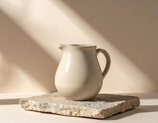 Ceramic Pitcher on Stone Slab in Neutral Tones and Warm Lighting