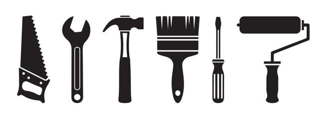 black silhouette hand tools set with saw wrench hammer paintbrush screwdriver and roller icons for diy construction repair and painting
