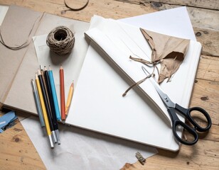 Still Life of Crafting Tools with Scissors Notebook Pencils and Dried Leaf on Wood