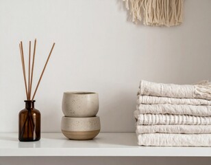 Still Life Featuring Brown Vase Stacked Pottery and Towels on White Shelf