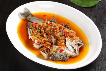 Chinese cuisine, Cantonese cuisine, steamed sea bass with chopped peppers