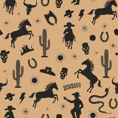 Western cowboy silhouette pattern with horses cacti skulls and lightning bolts