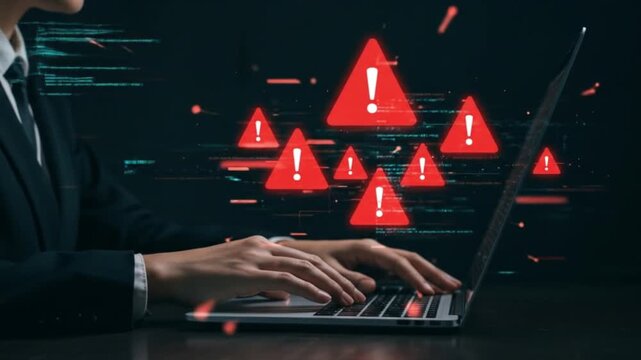 Person typing on a laptop with multiple red warning signs displayed on the screen in the background