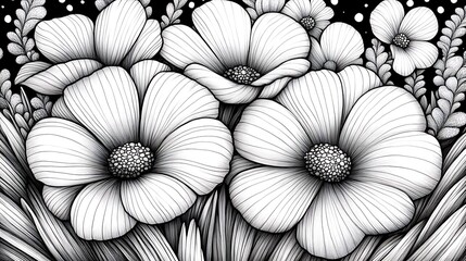 Fototapeta premium Detailed black and white floral design with intricate petal details.