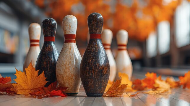 Bowling pins arranged on a wooden lane surrounded by colorful autumn leaves. The scene captures a cozy fall atmosphere in a bowling alley. copy space