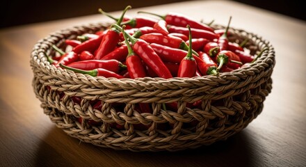 Obraz premium Red chili peppers in a woven basket