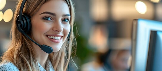 Smiling young female call center agent wearing headset in stylish office, perfect for business communication ads, support service content, and helpdesk visuals