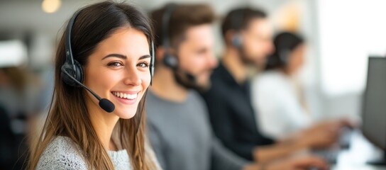 Smiling female support agent wearing headset in busy office with team in background, perfect for business communication, helpdesk promotions, and service websites