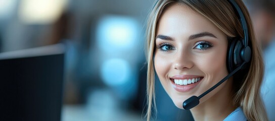 Close-up of cheerful female call center agent with headset in bright office, perfect for business communication materials, customer support banners, and service ads