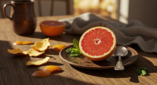 Refreshing grapefruit breakfast scene with rustic charm in morning light - Powered by Adobe