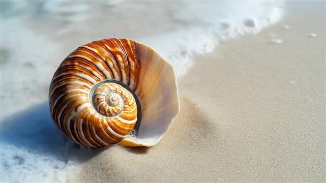 Captivating beauty of a nautilus shell resting gently on the sandy shore during golden hour