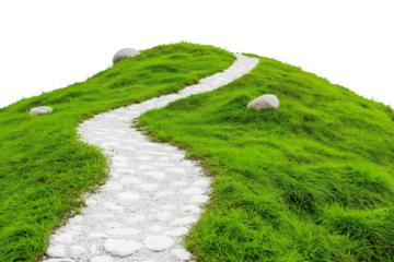White Stone Path Winding Through Green Hill Isolated on White Background. Winding Stone Path in Green Hill Countryside PNG.