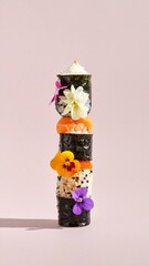 Sushi Tower Stacked on Pink Backdrop Featuring Cream Flowers and Delicious Style