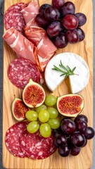 Overhead View of Charcuterie Board with Meats Cheese and Fruits on Wooden Surface