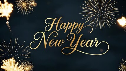 Flat illustration of happy new year text with golden fireworks on dark background - Powered by Adobe