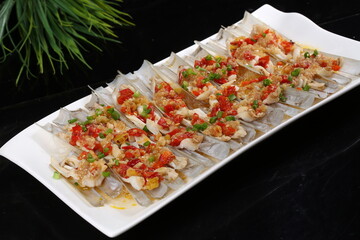Chinese cuisine, Cantonese cuisine, steamed bamboo razor clam king with chopped peppers