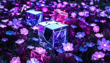 Neon Cubes Among Blooming Flowers in a Night Meadow with Glowing Plants